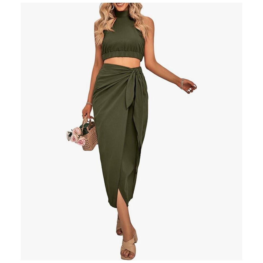 Womens Summer 2 Piece Outfit Crop Top Draped Rouched Tie Skirt Army Green Xl